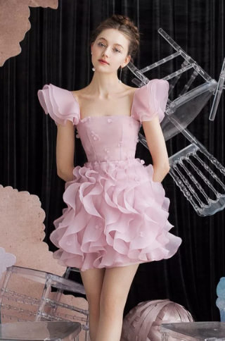 Chanel-inspired Pale Pink A-Line Square Mini Women Dress with Organza Skirt Birthday Dress Evening Dress RS071