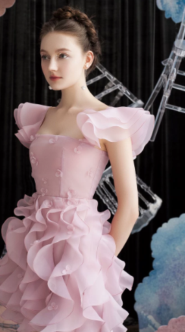 Chanel-inspired Pale Pink A-Line Square Mini Women Dress with Organza Skirt Birthday Dress Evening Dress RS071