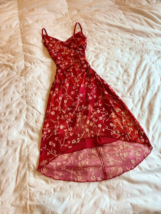 Red floral suspenders slim waist long skirt homecoming dress R2742