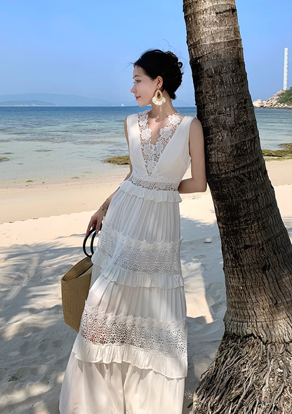 White heavy hollow lace cake dress female holiday style seaside fairy long skirt R0194