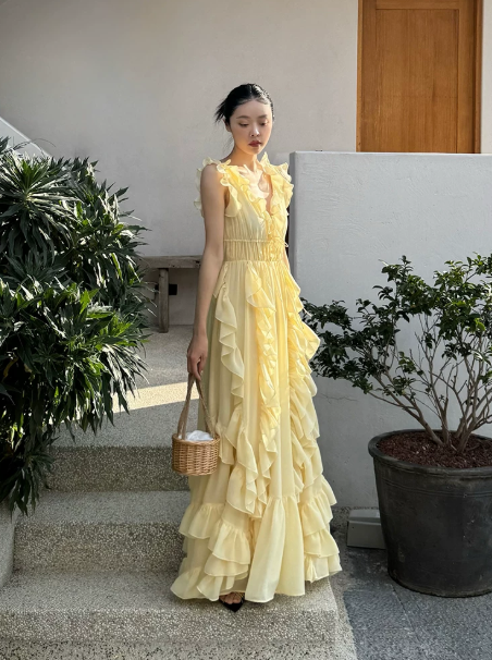 French Chic Pale Yellow A-Line V-neck Long Women Dress with Cascade Fold Summer Dress Party Dress RS069