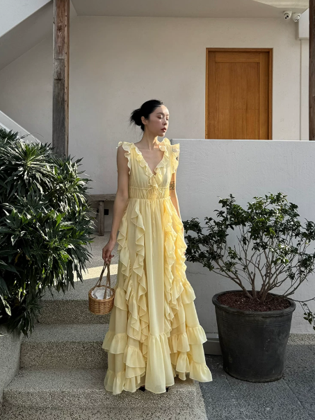 French Chic Pale Yellow A-Line V-neck Long Women Dress with Cascade Fold Summer Dress Party Dress RS069