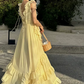 French Chic Pale Yellow A-Line V-neck Long Women Dress with Cascade Fold Summer Dress Party Dress RS069