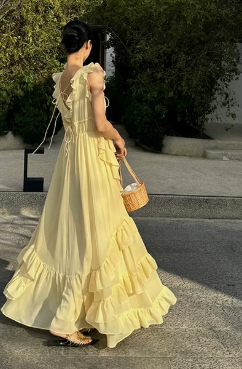 French Chic Pale Yellow A-Line V-neck Long Women Dress with Cascade Fold Summer Dress Party Dress RS069