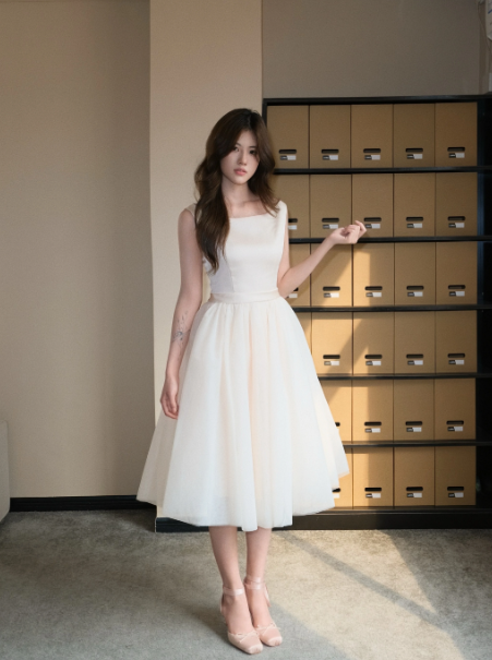 Minimalist White A-Line Square Midi Women Dress with Tulle Skirt Birthday Dress Evening Dress RS070