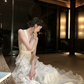 Elegant White A-Line V-neck Long Women Dress with Chiffon Ruffles Party Dress Evening Dress RS072