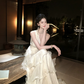 Elegant White A-Line V-neck Long Women Dress with Chiffon Ruffles Party Dress Evening Dress RS072