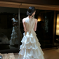 Elegant White A-Line V-neck Long Women Dress with Chiffon Ruffles Party Dress Evening Dress RS072