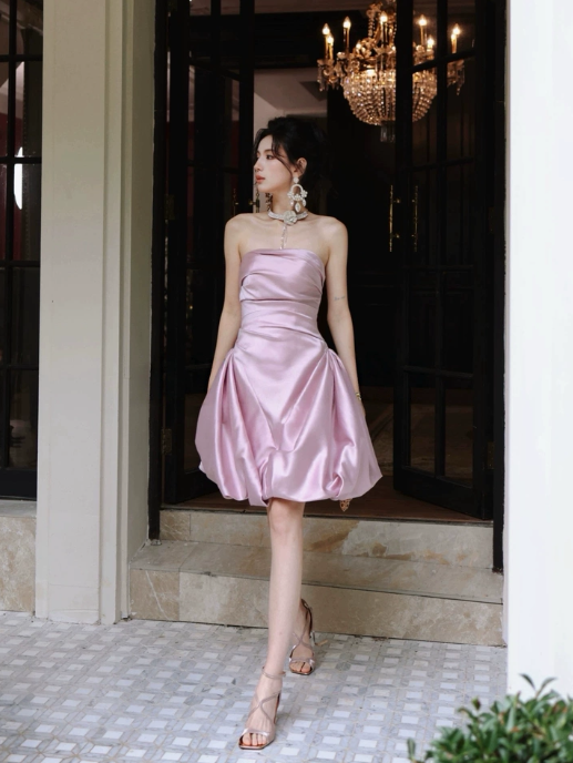 Princess Style Pink Strapless Mini Women Dress Party Dress Birthday Dress RS073