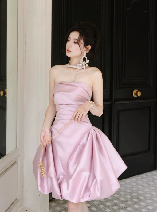 Princess Style Pink Strapless Mini Women Dress Party Dress Birthday Dress RS073