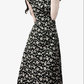 2025 Summer New French Black Floral Ruffled Medium Length Square Neck Dress R0914