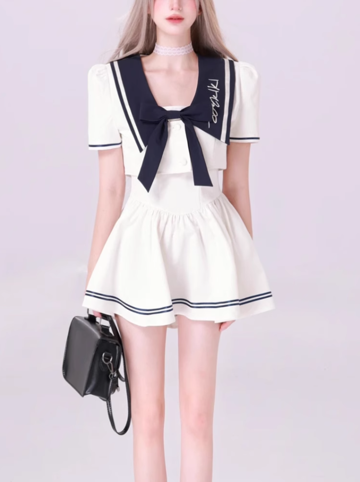 College style contrast color shirt 2025 pure desire waist a-line puffy suspender skirt R1201