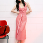 Red plaid waisted halter neck dress summer V-neck ribbon French temperament long dress R3324
