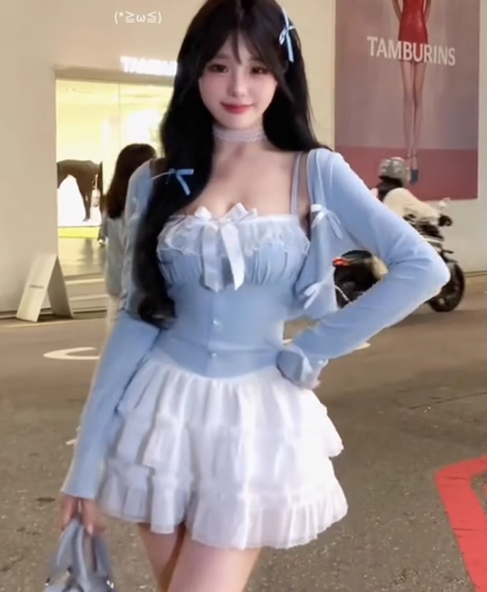 Large size French pure desire style sweet spicy cardigan sling puffy cake skirt suit R1845