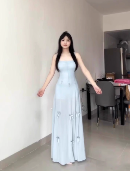 One dress with multiple wears Blue bow suspender dress Gentle temperament waist A-line long skirt R0464