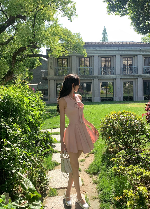 French style pink fake two-piece dress summer new temperament A-line short skirt R4341