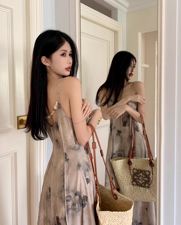 Fairy new Chinese style ink-dyed dress design backless holiday style suspender long dress R1724
