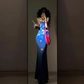 Retro blue floral dress sexy waist slim hip suspender skirt R0640