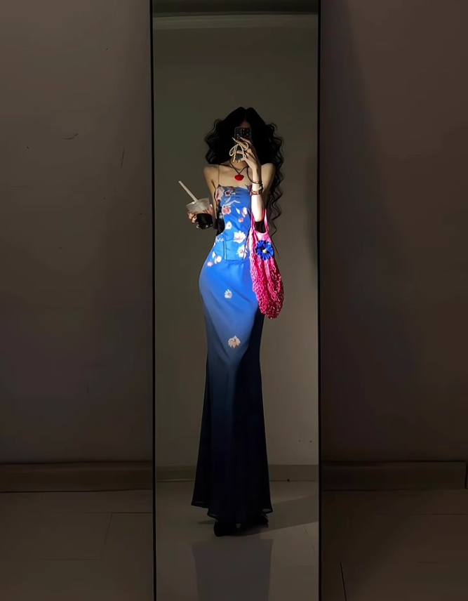 Retro blue floral dress sexy waist slim hip suspender skirt R0640