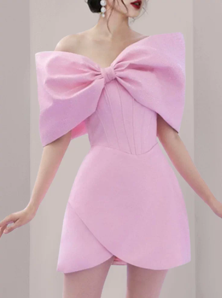 Cute Pink A-Line Bateau Mini Women Dress with Bow-knot Strapless Birthday Dress Party Dress RS076