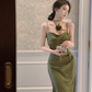 Suspender dress V-neck satin slim fit hip-wrapped slit skirt French style high-end long skirt R1544