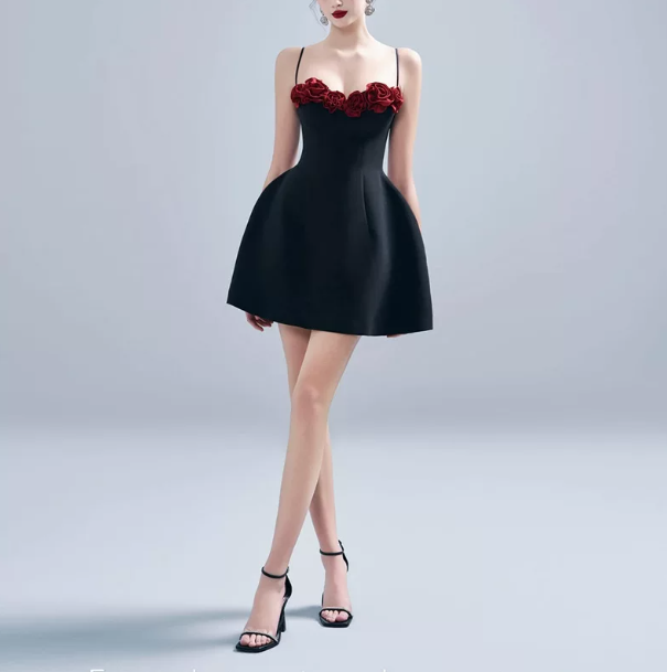 Elegant Black A-Line Spaghetti Straps Mini Women Dress with Applique Birthday Dress Homecoming Dress RS077