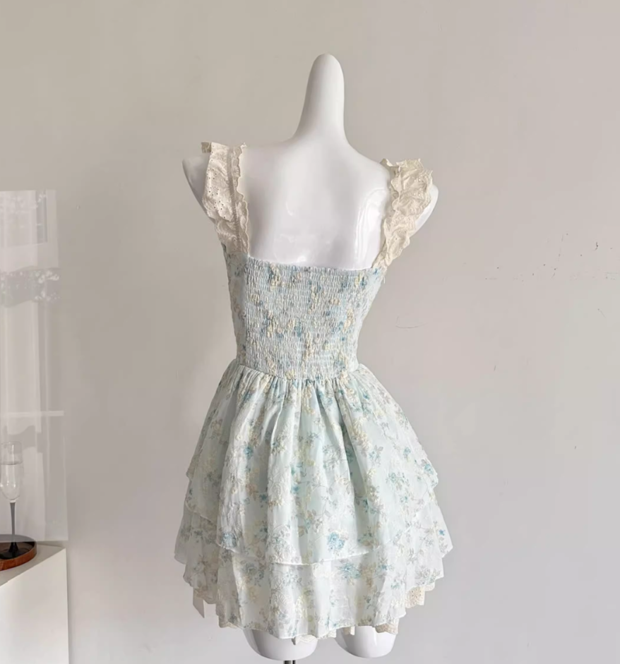 Sweet flying sleeves gentle floral waist princess dress R2008