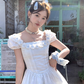 White waist square neck puff sleeves A-line dress women's French retro skirt R4949