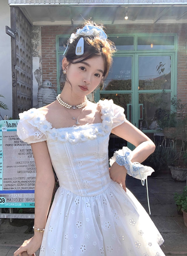 White waist square neck puff sleeves A-line dress women's French retro skirt R4949