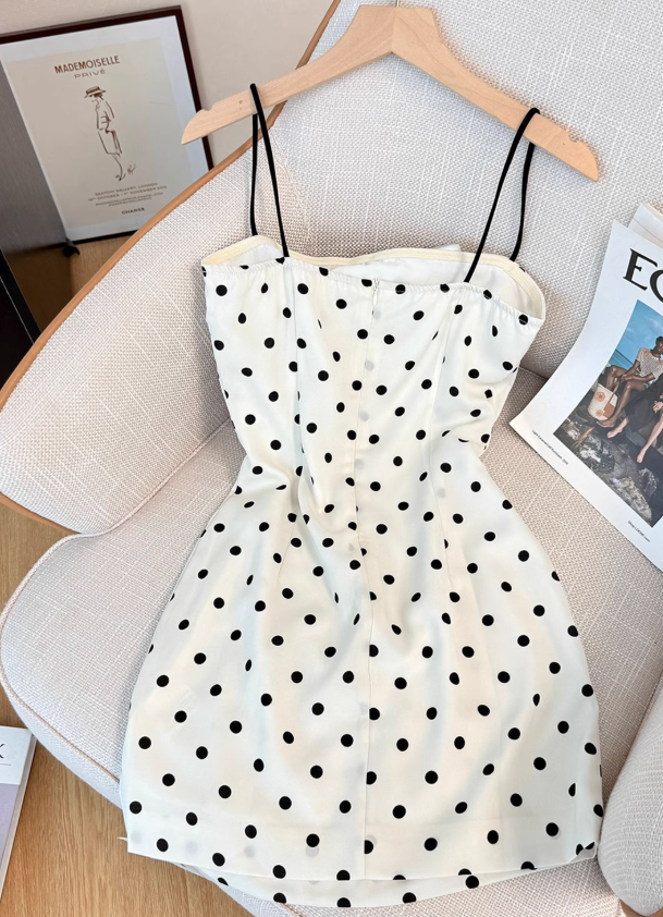 French polka dot suspender dress for women summer new waist slimming short hip skirt R3954