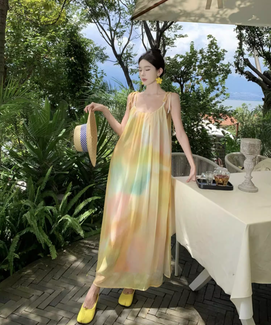 Beach vacation yellow gradient lazy style loose sling gentle style temperament dress R1630