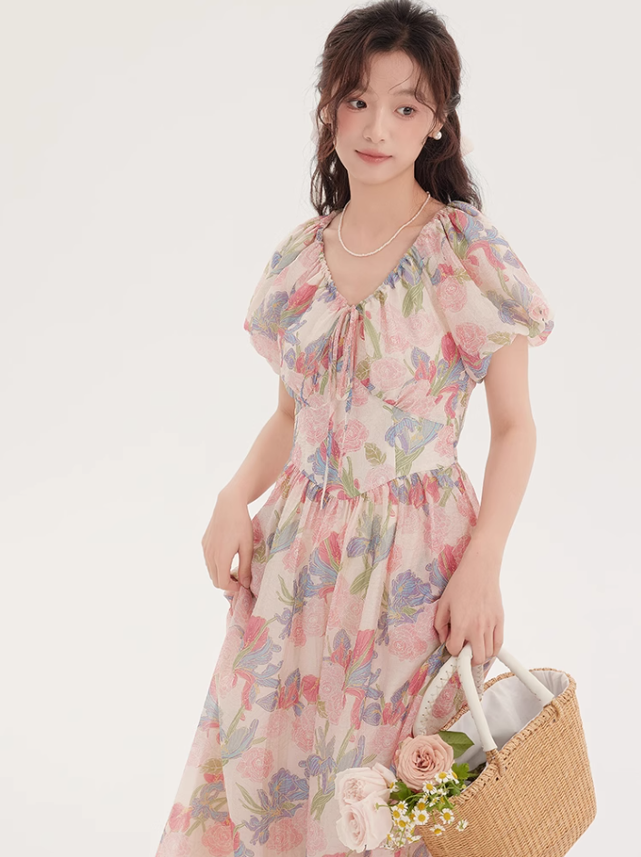 Tea break French beautiful dress 2025 new floral dress waist temperament long dress R2388