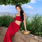 Beach Outfit Red Hip-hugging Skirt Two-piece Set Atmosphere Holiday Beach Skirt R1613