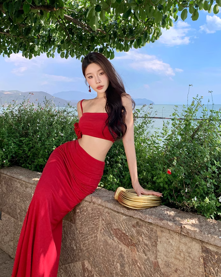 Beach Outfit Red Hip-hugging Skirt Two-piece Set Atmosphere Holiday Beach Skirt R1613