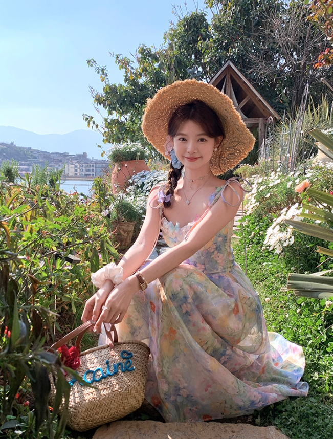 Long waist A-line suspender dress summer French retro temperament high-end skirt R4662