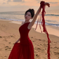 Fairy red off-shoulder dress with slim waist and long swing chiffon dress for holiday R1743