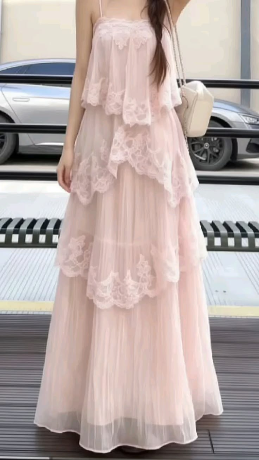 Girlish Ruffled Tulle Prom Gown Blush Pink Women's Corset Maxi Birthday Dress — Fall Outfit 2026 RS3056