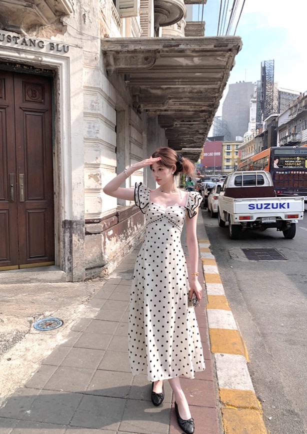 Long black and white polka dot waist suspender dress summer French retro temperament slim skirt R4739