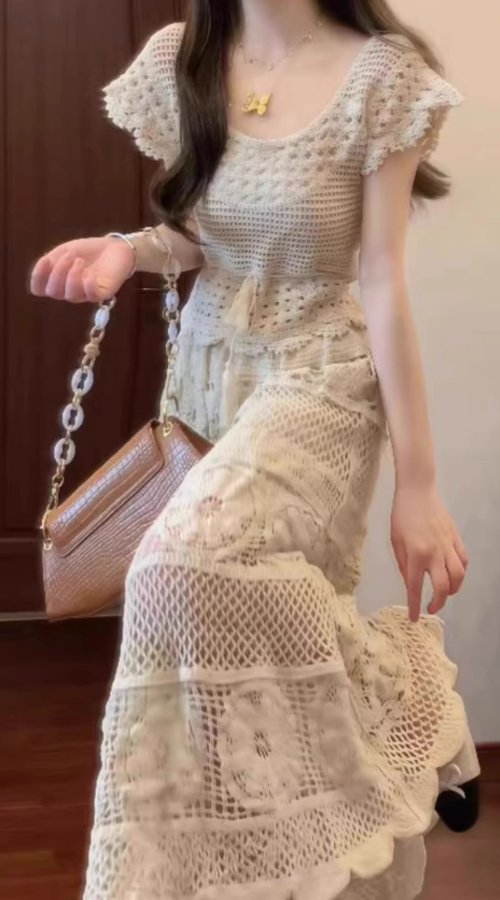 Pure outfit set casual green small flying sleeve top short skirt two-piece set R0835