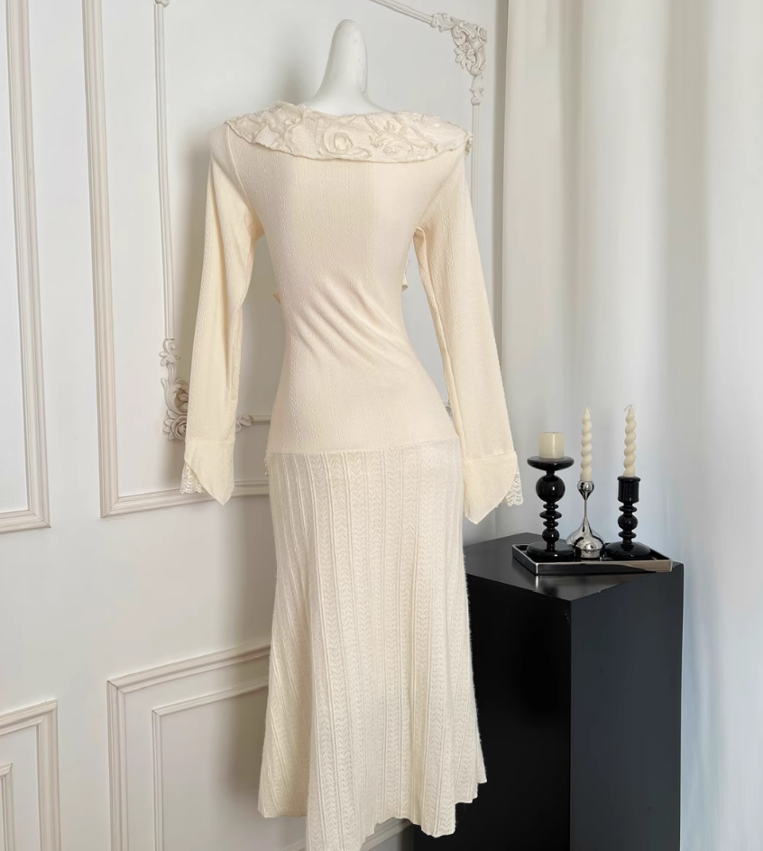 Rose Pattern Lace Long Sleeve Fishtail Dress R2015