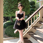 Black mid-length waist a-line suspender dress summer French temperament skirt R4943