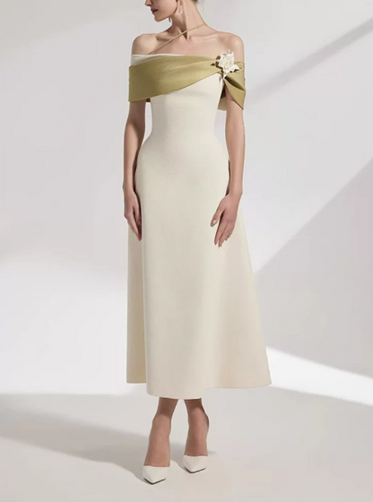 Minimalist Light Ivory A-Line Bateau Long Women Dress with Color Blocking Professional Dress Evening Dress RS077
