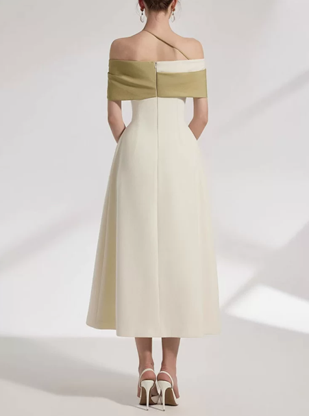 Minimalist Light Ivory A-Line Bateau Long Women Dress with Color Blocking Professional Dress Evening Dress RS077
