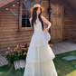 Fairy Qianjinfeng waist skirt daisy flower gentle white moonlight cake dress R1748