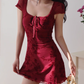 French pure desire style red printed shoulder-length skirt sexy waist slimming dress R2810