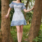 Blue floral one-shoulder flower edge design slim waist skirt three-dimensional flower homecoming dress R2887