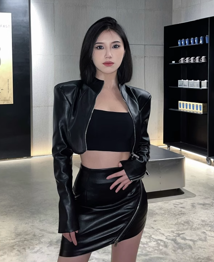Sweet and spicy high-grade leather jacket 2025 plus size hot girl sexy hip skirt suit R1162