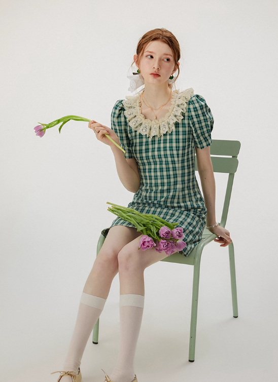 French skirt green plaid dress summer retro short skirt petite short skirt female summer R3457