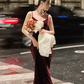Burgundy suspender dress sexy V-neck backless high-end Christmas annual party hip dress R1471