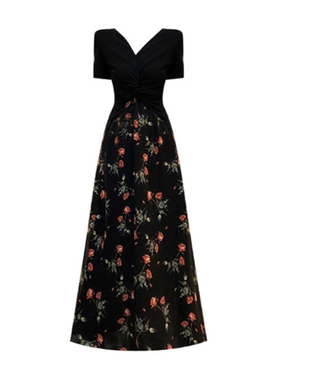 French Chic Black Floral A-Line V-neck Long Women Dress with Embroidery Prom Dress Evening Dress RS080